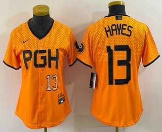 Womens Pittsburgh Pirates #13 KeBryan Hayes Number Yellow 2023 City Connect Stitched Jersey